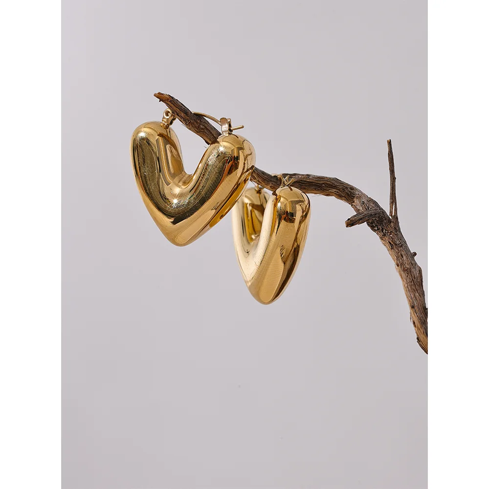 Yhpup Fat Fashion Stainless Steel Heart Chunky Hoop Earrings Charm Metal Texture Rust Proof Versatile Jewelry серьги тренд