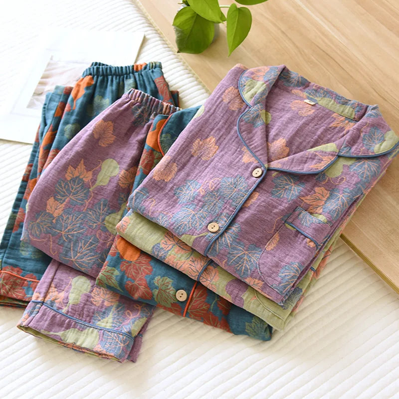 2024 Japanese Spring and Autumn New Women's Pajama Set 100% Cotton Vintage Long sleeved Pants Two Piece Set for Home Furnishings