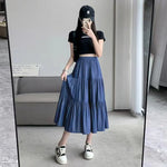 Women'S Patchwork Denim Color Spliced A-Line Skirt Tencel Big Swing Long Thin Skirt