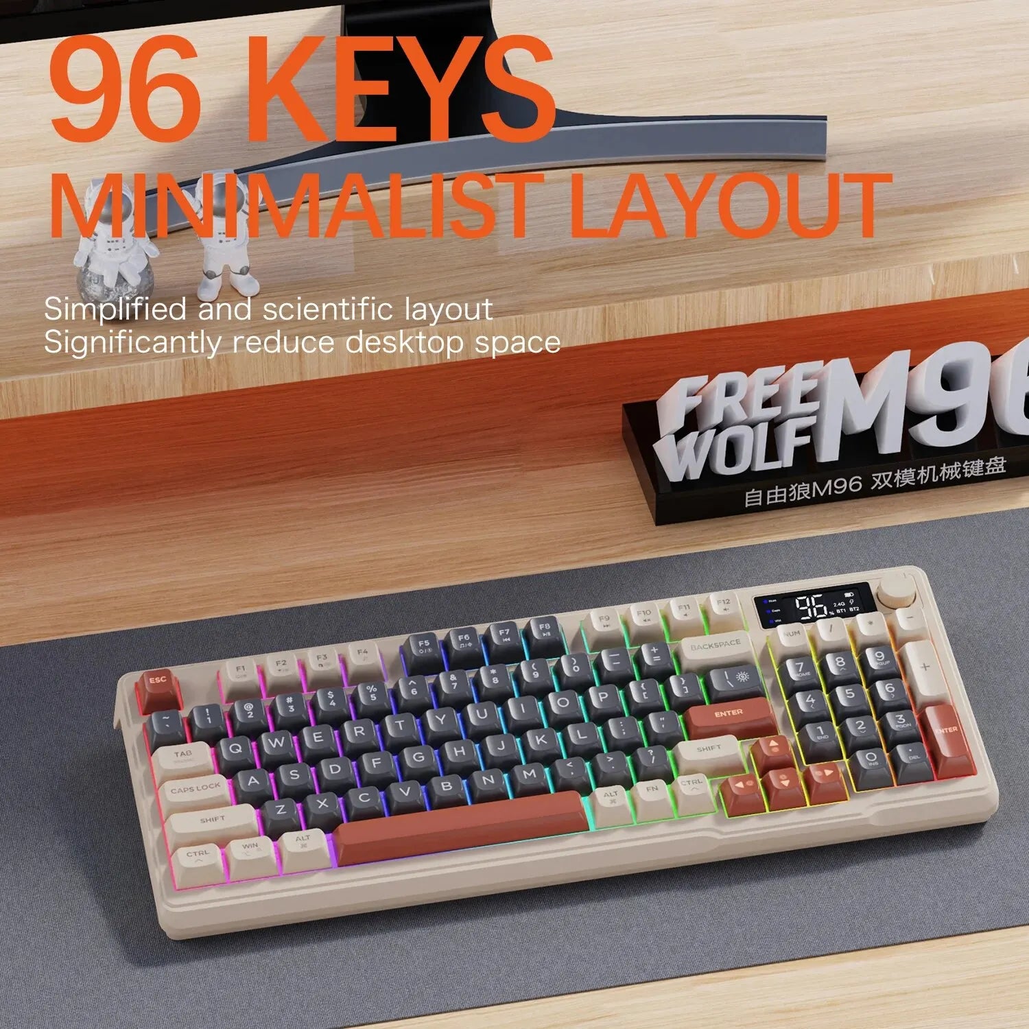FreeWolf M96 Wireless Keyboard with Screen,Gaming Keyboard Bluetooth Dual-Mode Connection,Multi-Device Linking,Ergonomic