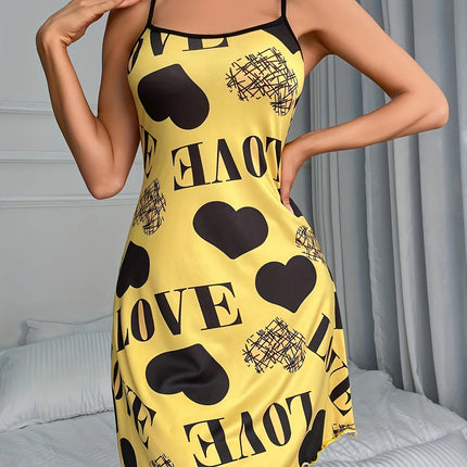 Women Summer Camisole Nightgown Backless Heart LOVE Print Soft Breathable Sleepwear Ruffle Hem Round Neck Night Dress