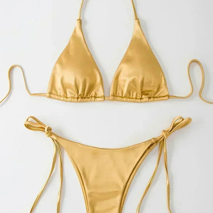 Halter Brazilian Metallic Satin Bikini Women Swimwear Female Swimsuit Two-pieces Bikini Set High Cut Bathing Suit Swim Beachwear