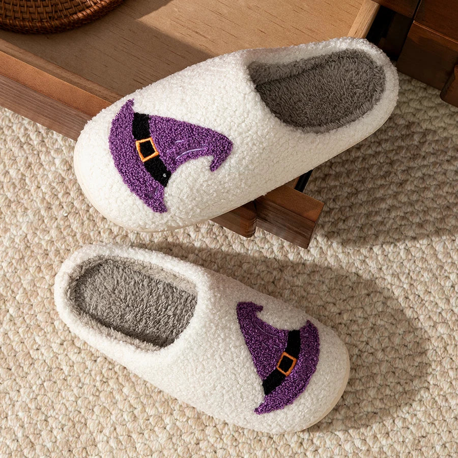 Fashion Women's Slippers Halloween Purple Elegant Witch Hat Bedroom Warm Soft Breath Sole Anti-slip Concise Party Cotton Shoes