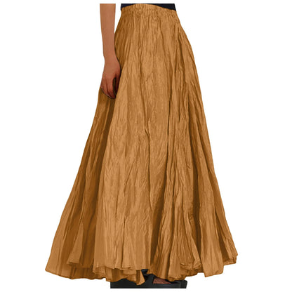 Women's Fashion Skirt Casual High Waist Ruched Soild Color Vintage Loose Beach Holiday Big Swing Wrap Hip Versatile Long Skirt