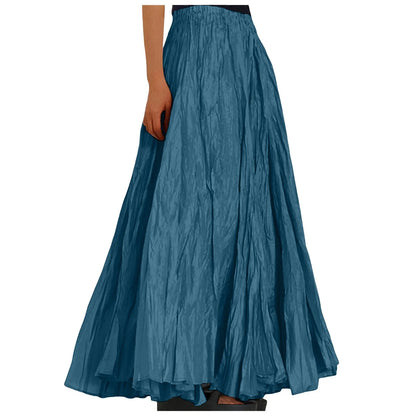 Women's Fashion Skirt Casual High Waist Ruched Soild Color Vintage Loose Beach Holiday Big Swing Wrap Hip Versatile Long Skirt