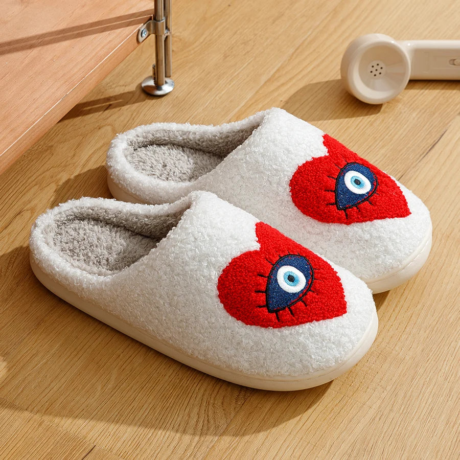 New Home Women's Slippers winter Warm Houseshoes Evil Eye Style Fuzzy Comfy Heart Flat Sole Funny Flip Flops Women Shoes