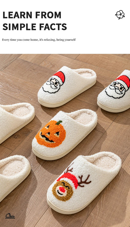 Christmas Home Warming Slippers for Women in Autumn and Winter Indoor Slip-Resistant Plush Home Shoes with Christmas Hat Unisex
