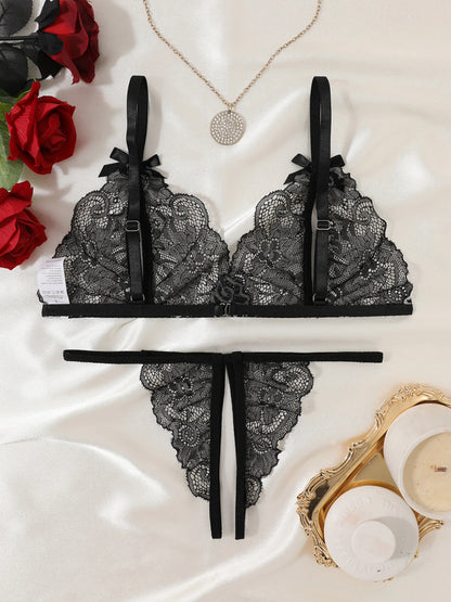 Women Sexy Lingerie Bra Thongs Sets Ultrathin Lace Lingerie Set Temptation Erotic Open Bra Crotchless Outfits For Pretty Girls