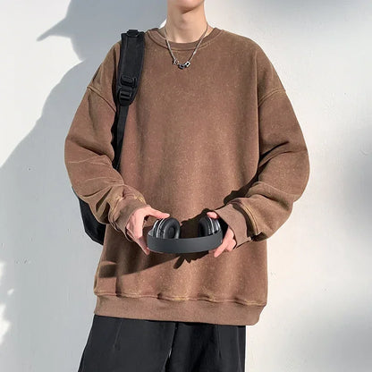 New Autumn Round Neck Washed  Men's Hoodie Sweatshirt  Couple Long Sleeve Loose Europe and America Street Boy Pullover Sweater
