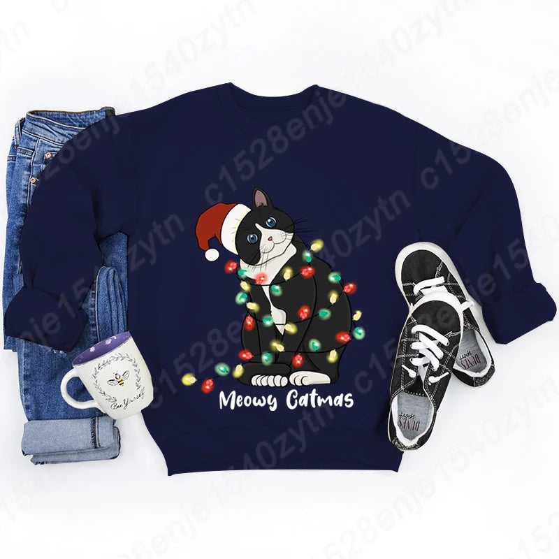 Christmas Light Cat Meowy Catmas Print Sweatshirt Autumn And Winter Sweatshirt Ladies Casual Long Sleeve Hoodless Pullovers Tops