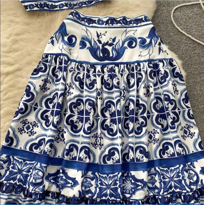 JAMERARY Summer Runway Blue And White Porcelain Two Piece Set Women Flower Print Short Crop Top + Holiday Beach Maxi Skirt Suits