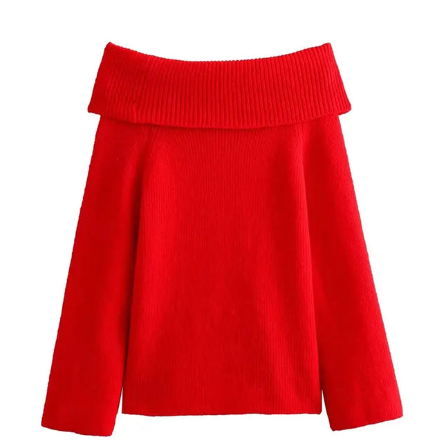 TRAFZA Women Fashion Solid Off Shoulder Sweater Long Sleeve Knitted Pullover Sweater Autumn Female Casual Knitwear Chic Top