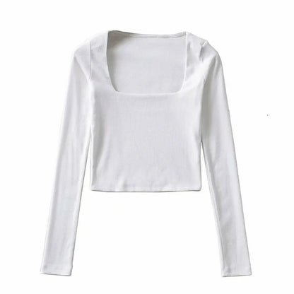 Women Cotton Ribbed Square Neck Crop Top With Long Sleeve