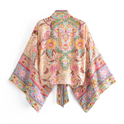 Boho Vintage Floral Print Beach Summer Short Kimono Women Fashion Ladies Casual V Neck Batwing Sleeves Bohemian Cover-ups