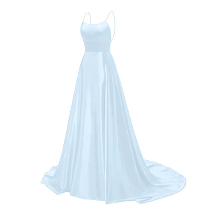 Evening Dress Women'S Long Dresses  Backless Long Dresses Satin Strap Party  Dress Side Slit Wedding Pockets Dress Evening Dress