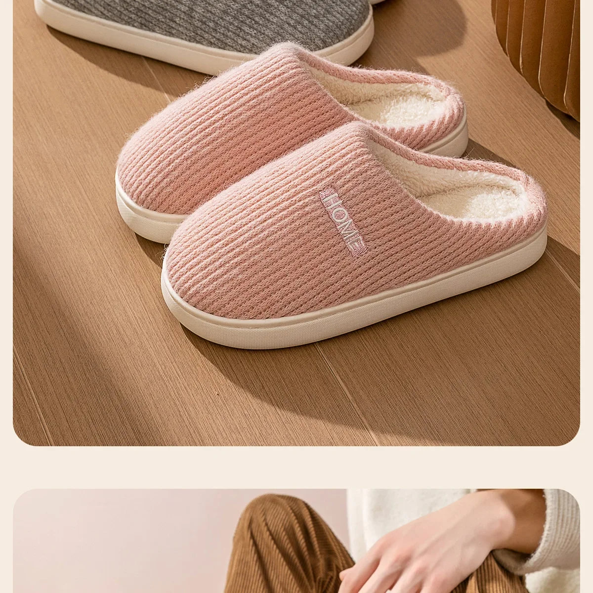 House Fuzzy Slipper Women Striped Winter Warm Fur Plush Non Slip Grip Indoor Lazy Soft Female Thermal Home Shoe Flat Male Men