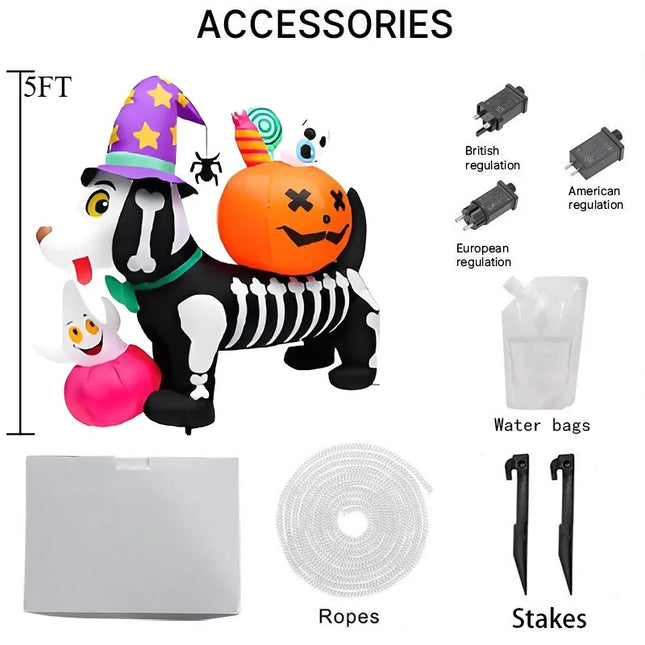 1.5M/5FT Halloween Decorations Inflatable Toy Skeleton Dog with Pumpkin LED Light Up Blow Up Lawn Inflatable Model Outside Decor