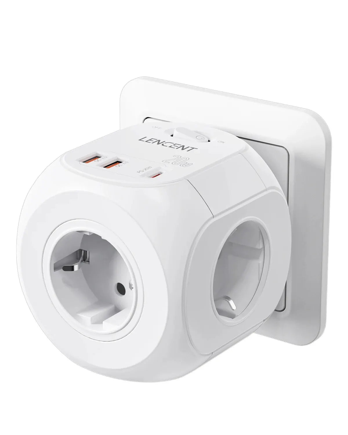 LENCENT EU Plug Wall Socket Extender with 4 AC +QC3.0USBX2 +1 Type C PD20W Fast Charger Adapter 7-in-1 Socket On/Off Switch