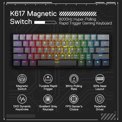 Redragon K617 Rapid Trigger Gaming Keyboard, 60% 61 Keys Wired Mechanical 8K Hz Polling RateDedicated Magnetic Switch Misty Grey