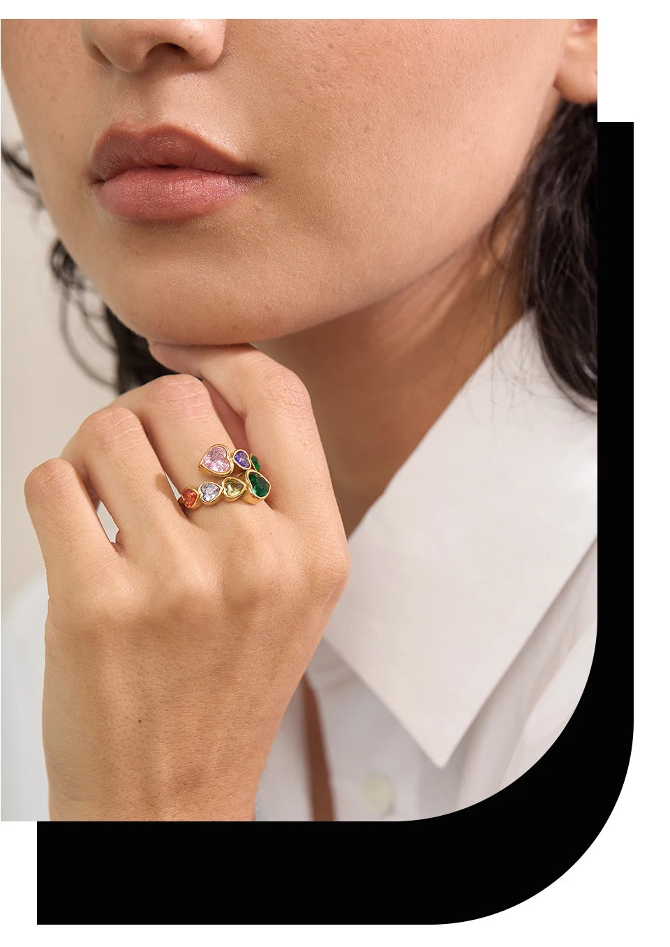 Yhpup Delicate Cubic Zirconia Heart Stainless Steel Gold Color Adjustable Fashion Open Ring High Quality Chic Charm Jewelry