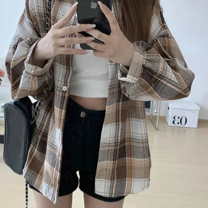 Plaid Shirt Women Autumn Long Sleeve Top Female Vintage Fashion Single Breasted Blouse Ladies Preppy Style Loose Check Shirts