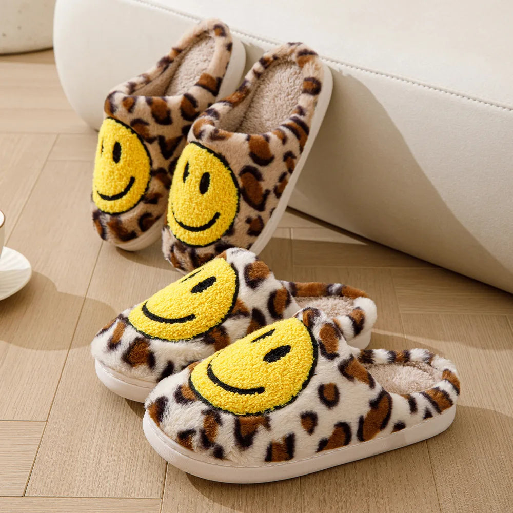 Leopard Fluffy Slippers for Home Smile Designer Platform Shoes Women 2024 Indoor Plush Sliders Warm Flats Chic Winter Footwear