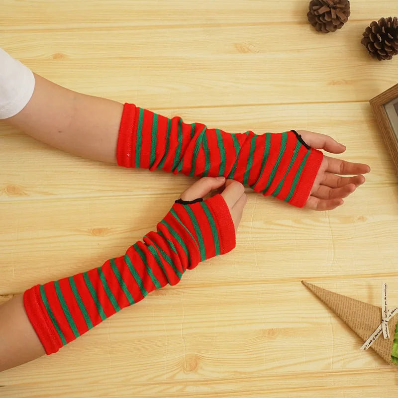 Winter Warm Long Sleeves Gloves for Man Women Fingerless Stripe Hip-Hop Knitted Elbow Mittens Elastic Outdoor Warmer Arm