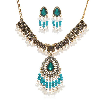 3pcsEuropean and American Bohemian Crystal Jewelry National Style Gemstone Fringe Necklace Earring Set