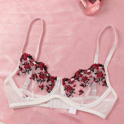 Sexy Lace Lingerie Push Up Lingerie Semi-Sheer Bra And Panty Sets Women Gathering Chest Underwear Flower Embroidery Bralette Set