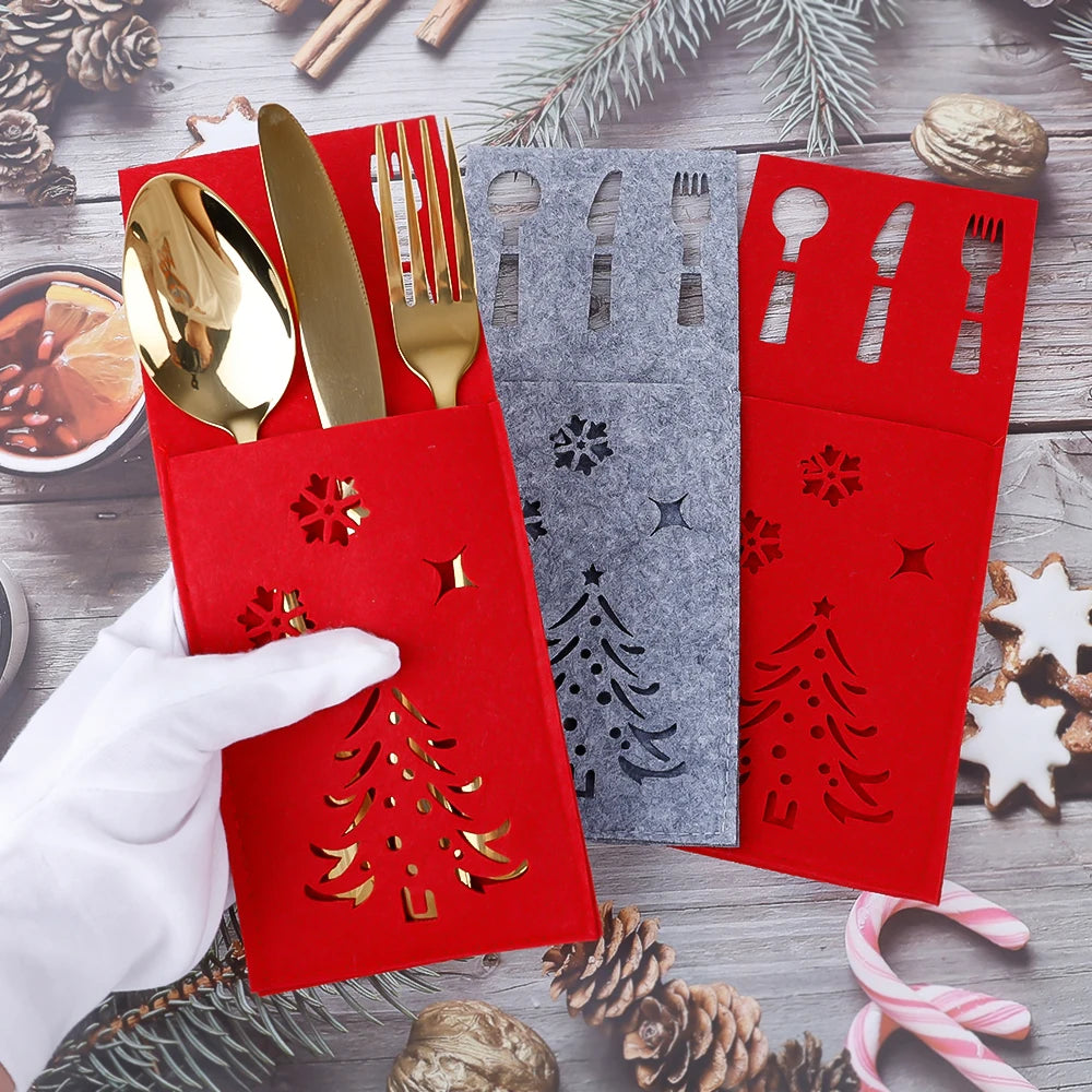 4Pcs Xmas Cutlery Bag Tableware Fork Knife Storage Organizer Dinnerware Cover For Christmas Navidad New Year Table Decorations