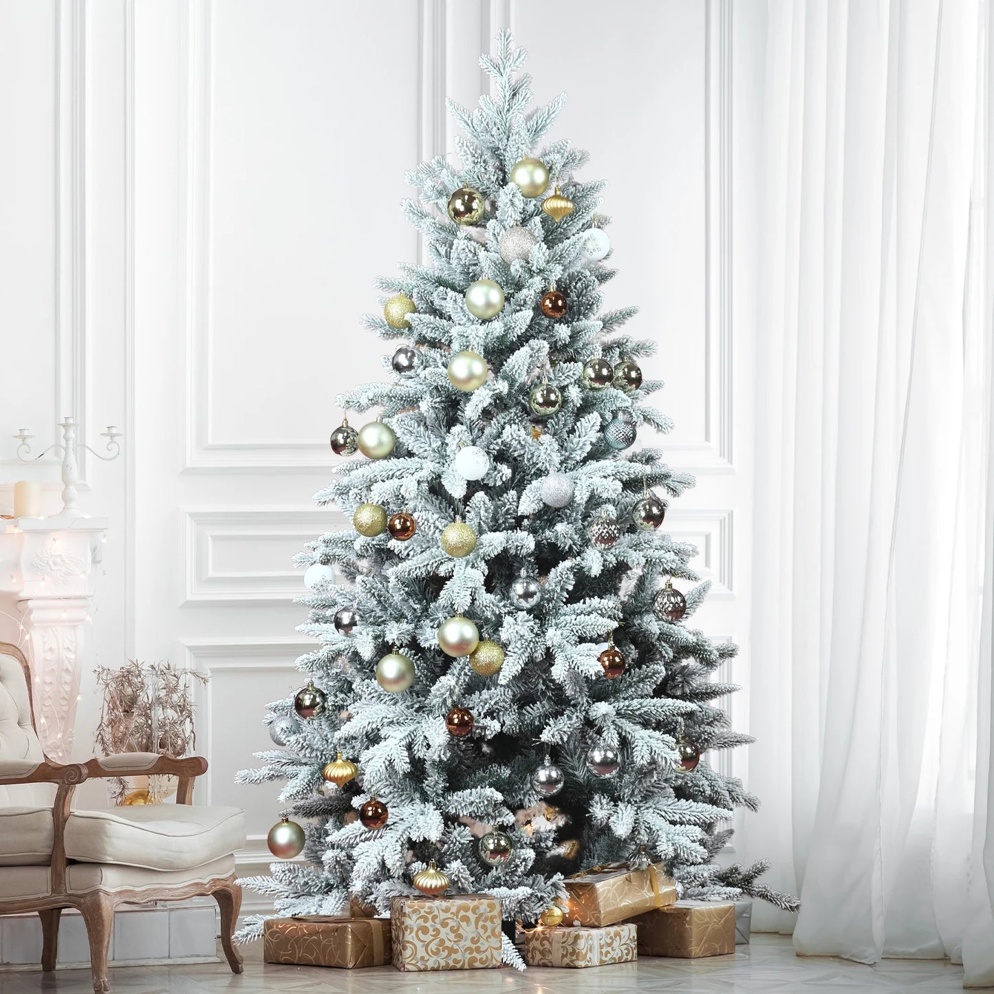 152/213cm Artificial Christmas Decoration Tree 694/1401 Branch Tips Flocked Xmas Tree Sturdy Metal Stand Auto-Spread/Close up