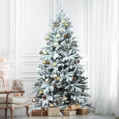 152/213cm Artificial Christmas Decoration Tree 694/1401 Branch Tips Flocked Xmas Tree Sturdy Metal Stand Auto-Spread/Close up