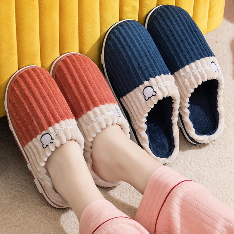 Smile Pop Women Confinement Soft Cotton Slippers Warm Non-slip Plush Home Cotton Slippers Men Winter Couple Cotton Slippers