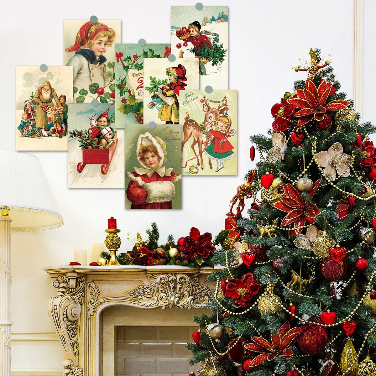 12pcs Vintage Christmas Greeting Cards Set Santa,Elk,Xmas Tree Postcard Set,Note Cards Small Card,Perfect Vintage Christmas Gift