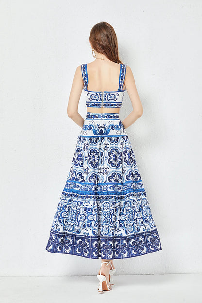 JAMERARY Summer Runway Blue And White Porcelain Two Piece Set Women Flower Print Short Crop Top + Holiday Beach Maxi Skirt Suits