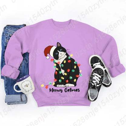Christmas Light Cat Meowy Catmas Print Sweatshirt Autumn And Winter Sweatshirt Ladies Casual Long Sleeve Hoodless Pullovers Tops