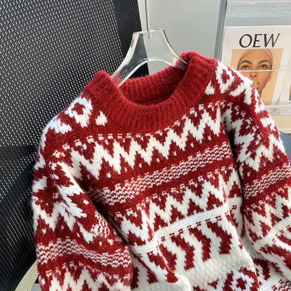 Vintage New Year Red Sweater Women's Autumn/Winter Outerwear Thickened Lazy Christmas Spirit Design Sensibility Loose-Fit Soft A