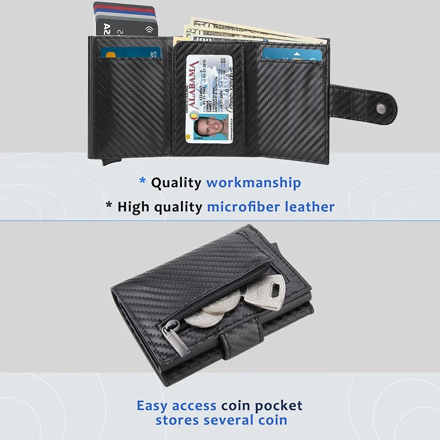 DIENQI Carbon Fiber Rfid Wallet Male Money Card Holder Pocket Mini Wallet Women Men Smart Purses Automatic Pop Up Valet Walet