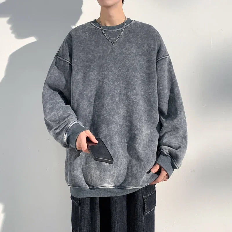 New Autumn Round Neck Washed  Men's Hoodie Sweatshirt  Couple Long Sleeve Loose Europe and America Street Boy Pullover Sweater