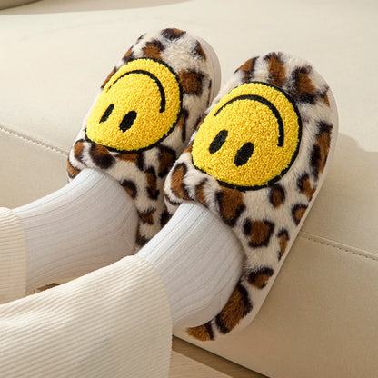 Leopard Fluffy Slippers for Home Smile Designer Platform Shoes Women 2024 Indoor Plush Sliders Warm Flats Chic Winter Footwear
