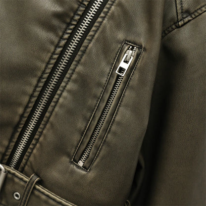 ZVRI 2024 Women Vintage Loose Pu Faux Leather Short Jacket with Belt Streetwear Female Zipper Retro Moto Biker Coat Outwear Tops
