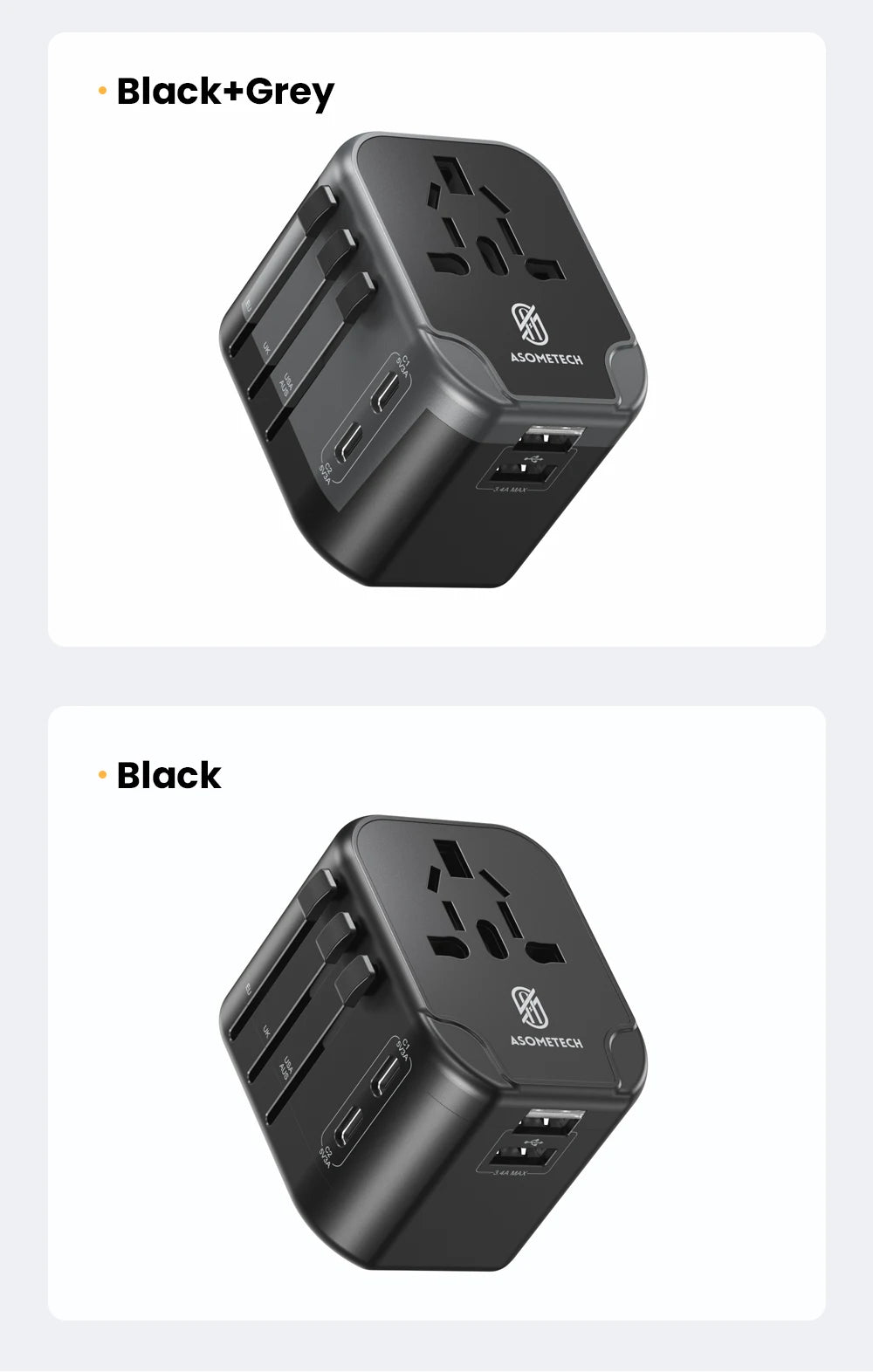 ASOMETECH International Travel Adapter USB Charger 2 USB and 2 Type C Port All-in-one Wall Charger for US EU UK AUS Travel