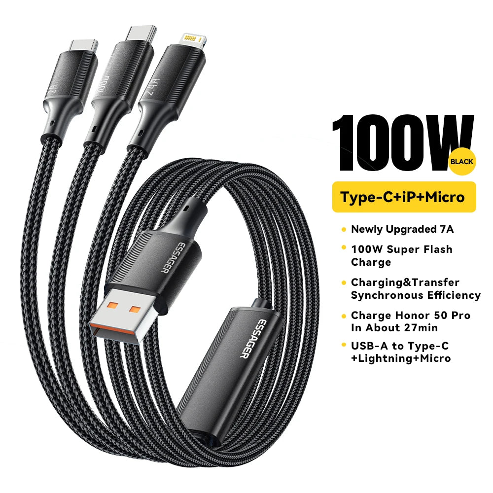 Essager 100W Cable USB C to Type C to Lighting PD Fast Charger Data 3 in 1 Quick Charging Cord For Macbook iPhone Samsung Xiaomi