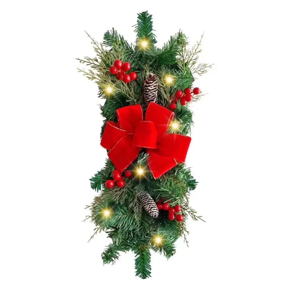Christmas Wreath Door Decoration LED Staircase Red Rattan Bow Door Wreath Pine Cone Decoration Christmas Wreath Home Decor