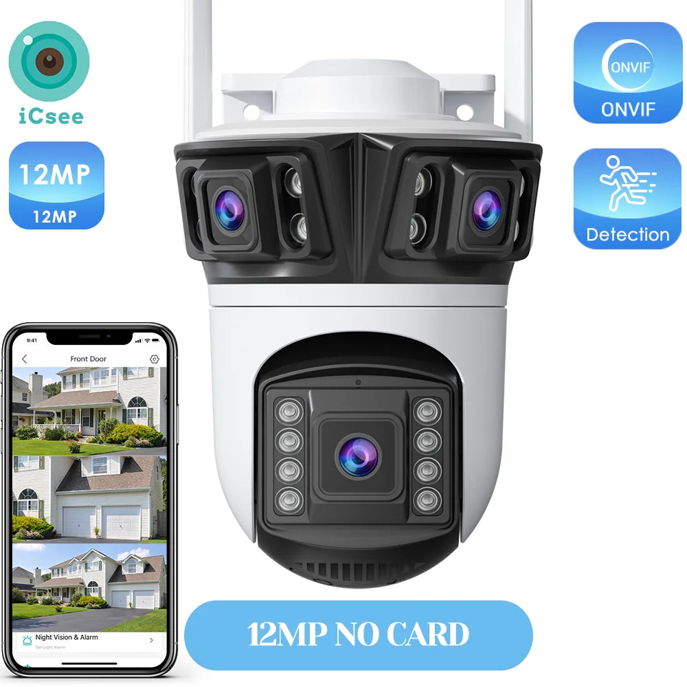 12MP Outdoors Wifi Camera 6K HD Three Lens Security PTZ IP Surveillanc Camera Human Auto Detect Tracking CCTV Camera ICESS APP