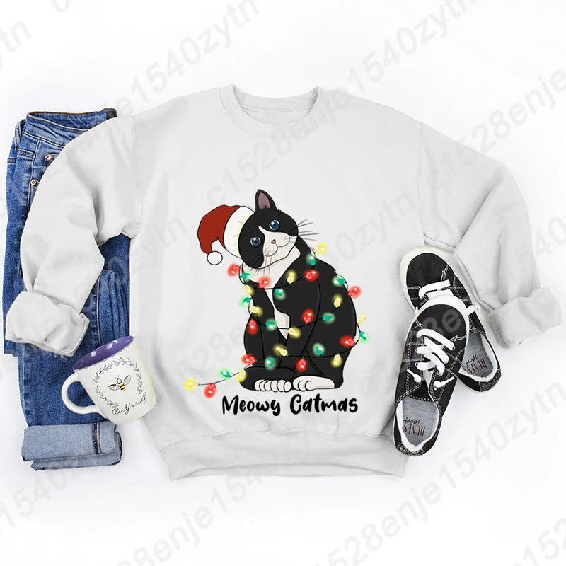 Christmas Light Cat Meowy Catmas Print Sweatshirt Autumn And Winter Sweatshirt Ladies Casual Long Sleeve Hoodless Pullovers Tops