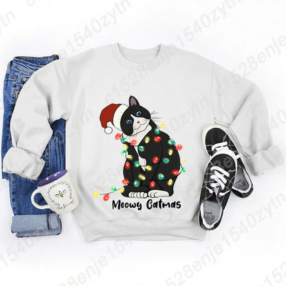 Christmas Light Cat Meowy Catmas Print Sweatshirt Autumn And Winter Sweatshirt Ladies Casual Long Sleeve Hoodless Pullovers Tops