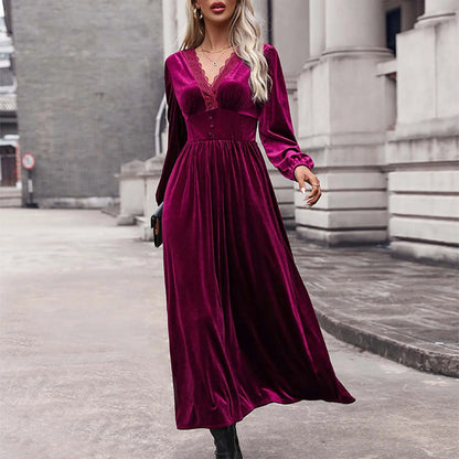 Women Classic Black Commute Casual Dress Sexy Long Sleeve Deep V High Slit T Shirt Dresses Elegance Chic Evenign Party Vestidos