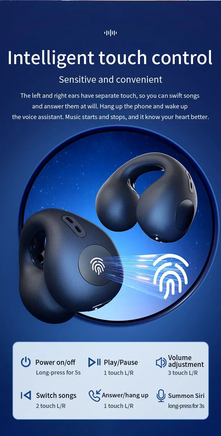 T75 Sport Bone-Conduction Bluetooth 5.3 Earphones HiFi Sound Wireless Headphones Earclip Waterproof Open Ear Headset Earring