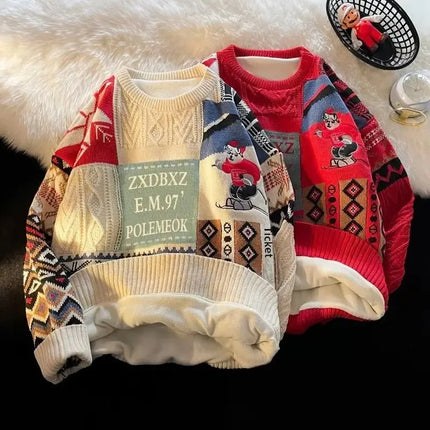 Christmas Sweater Men's Winter Loose-fit Casual Style Knitted Top Jacket American Vintage Fleece-lined Thickened Line Clothes